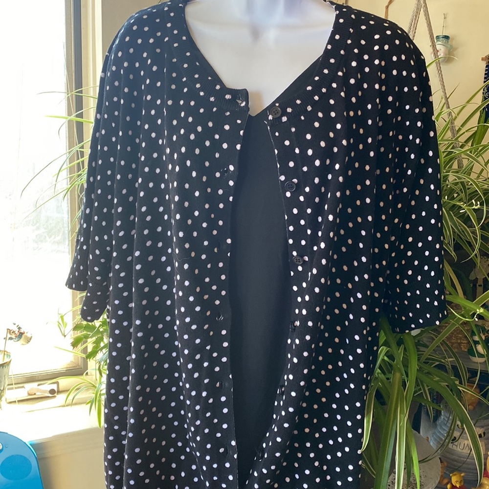Woman Within Black w White Dot Button-Up Elbow Length Sleeve Sweater, 26…